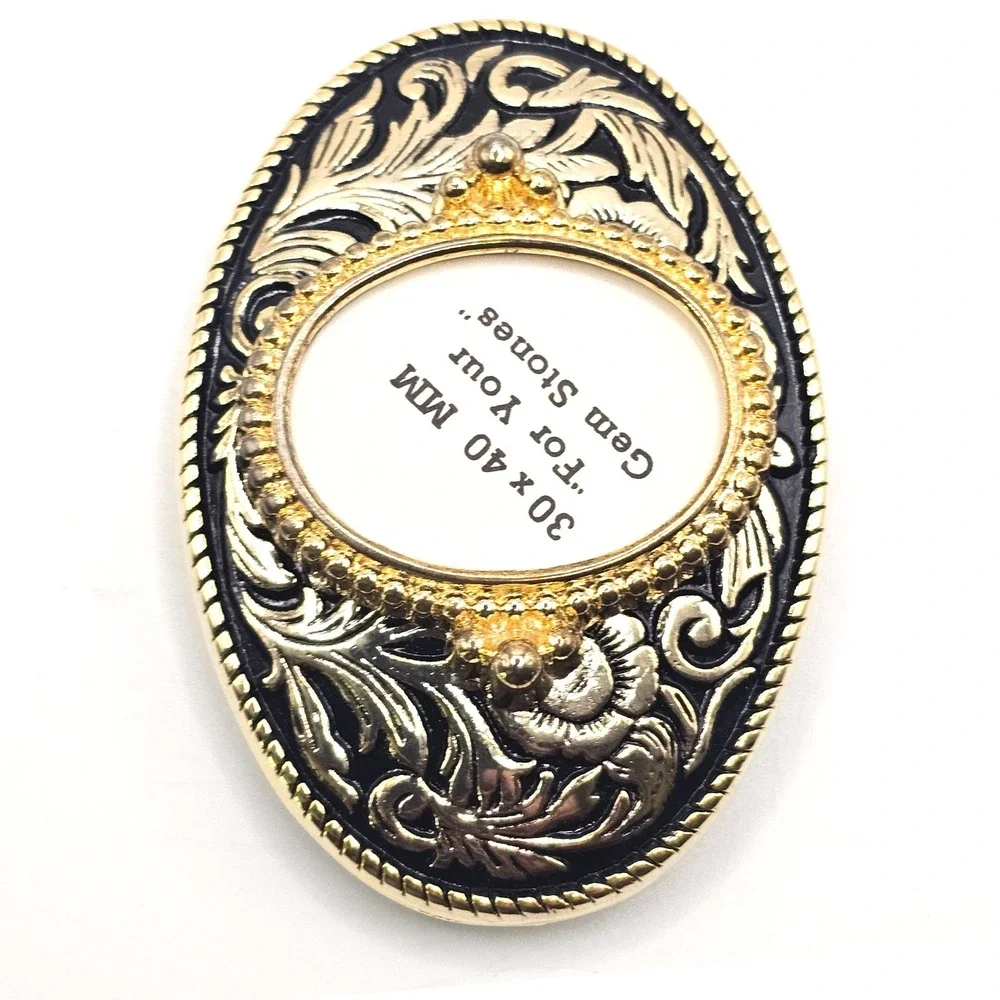 Western‎ Floral Belt Buckle Gold Black Oval 30x40mm Gemstone Setting Made in USA